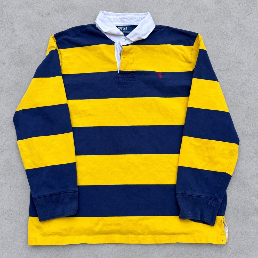 Vintage Polo Ralph Lauren XXL Custom Fit Striped Rugby Shirt Navy Blue Yellow